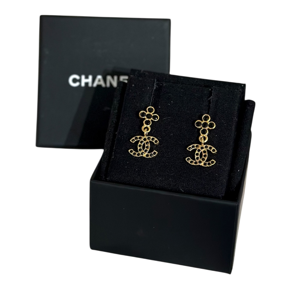 Chanel Black Crystal Drop Earrings