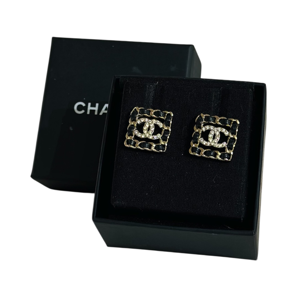 Chanel Square Crystal CC Leather Chain Earrings 