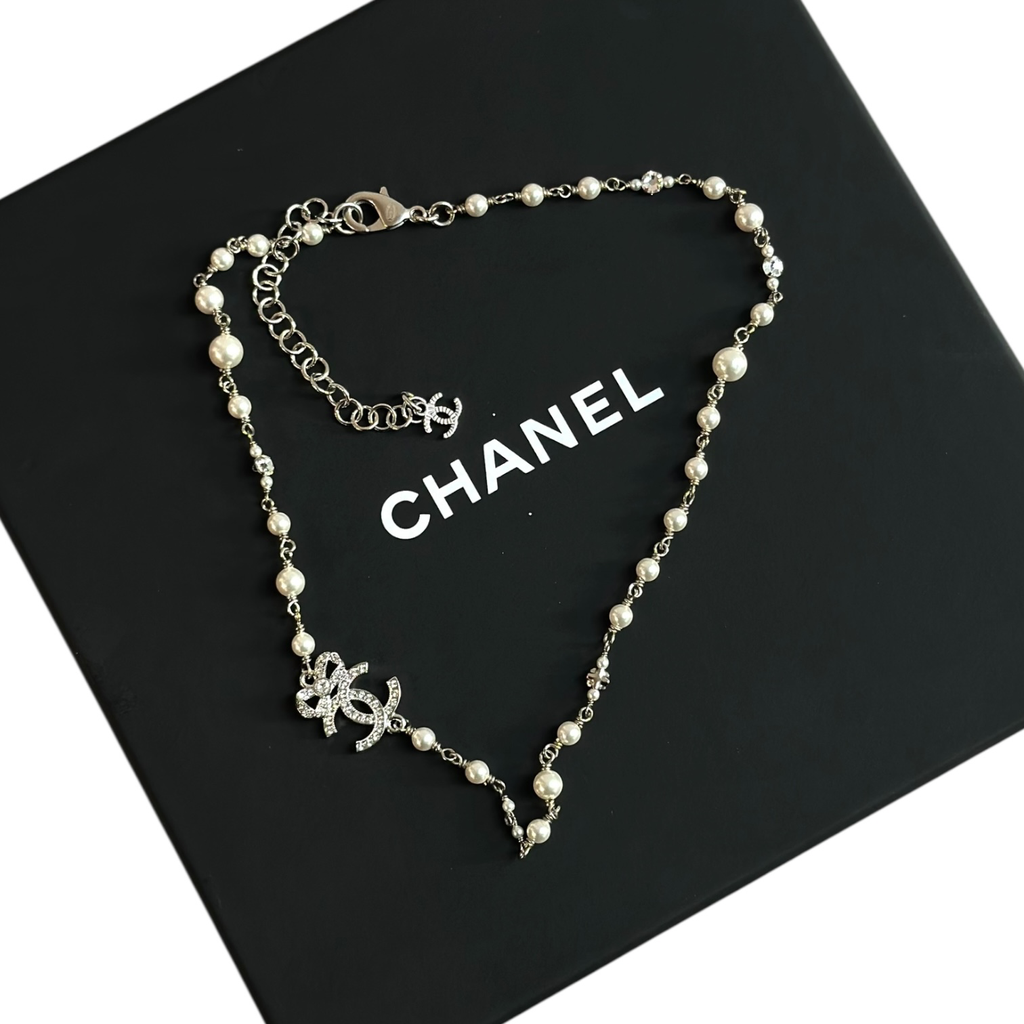 Chanel Crystal CC Ribbon Pearl Necklace