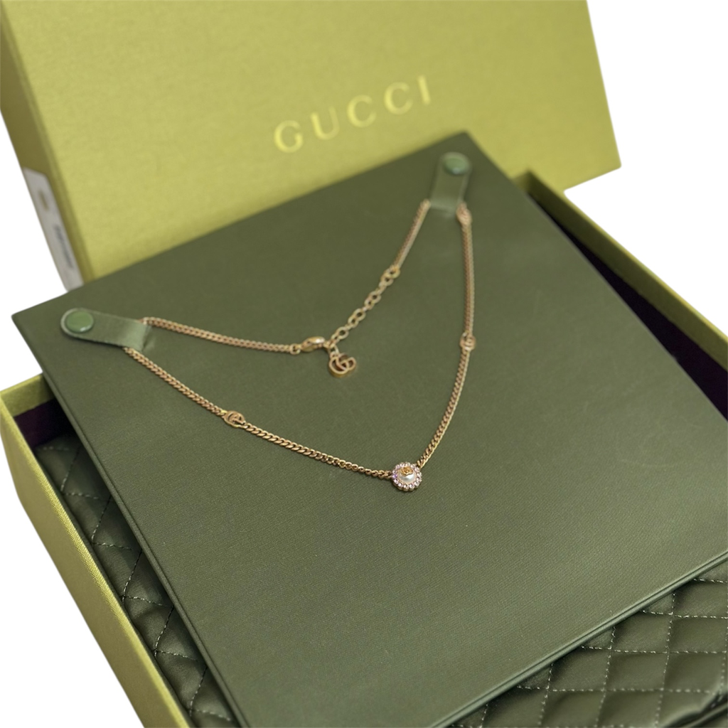 Gucci GG Crystal Pearl Necklace (Gold)