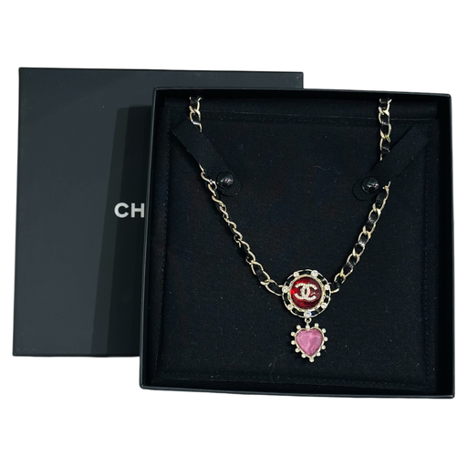 Chanel Leather Chain Crystal CC Heart Necklace